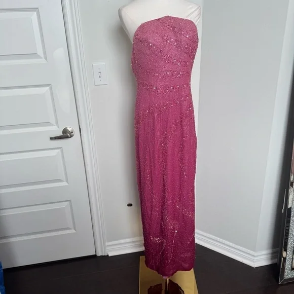 Vintage pink beaded Elegant Pink Strapless Dress Silk Gown Fairy Formal Glam XL - Picture 12 of 12